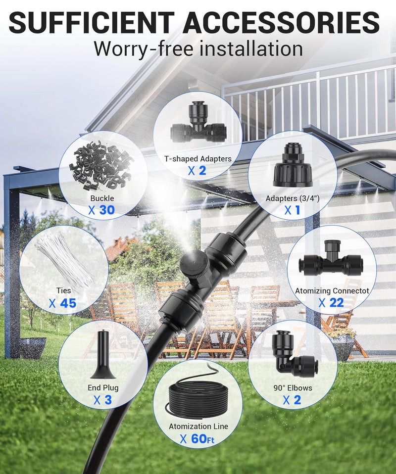 Aothotop 60FT Misters for Outside Patio Misters for Cooling (22 Mist Nozzles) Outdoor Water Patio Hose Greenhouse Mister System Outside Mist Backyard Trampoline for Waterpark Watering Misters for Cooling - Image 3